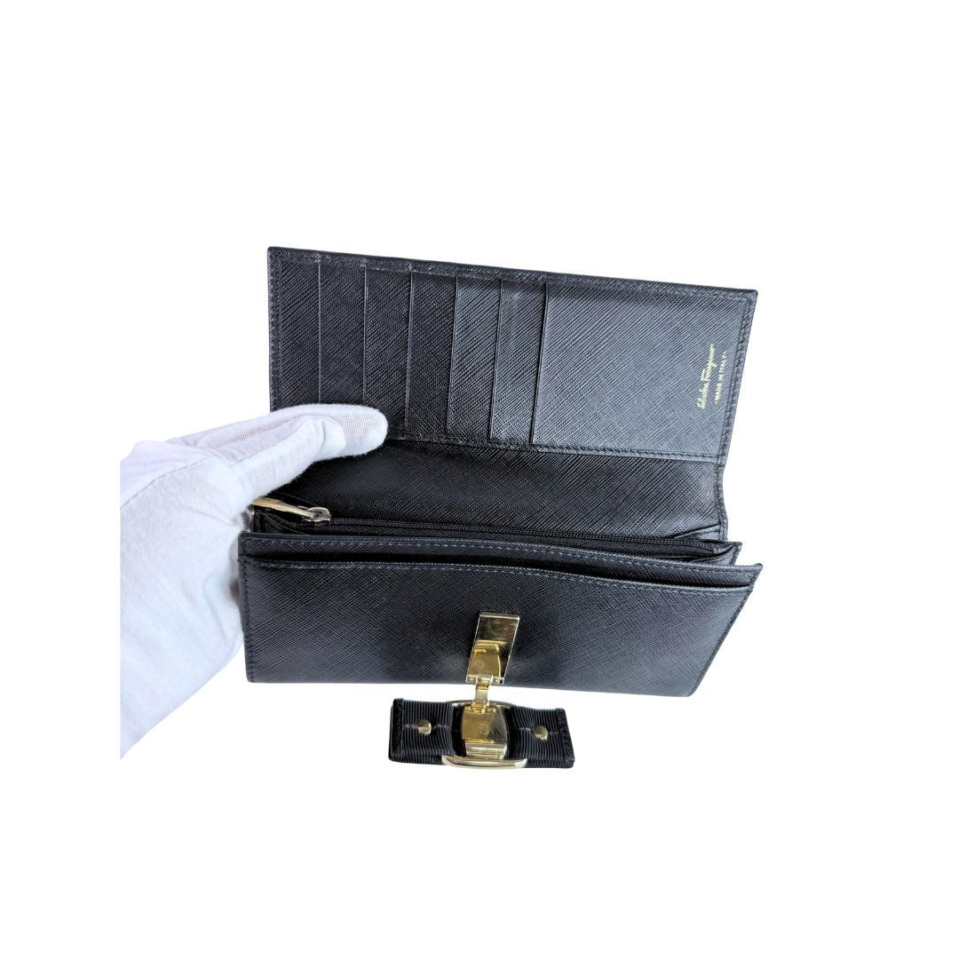 Salvatore Ferragamo Vara Bow Black Saffiano Leather Long Wallet