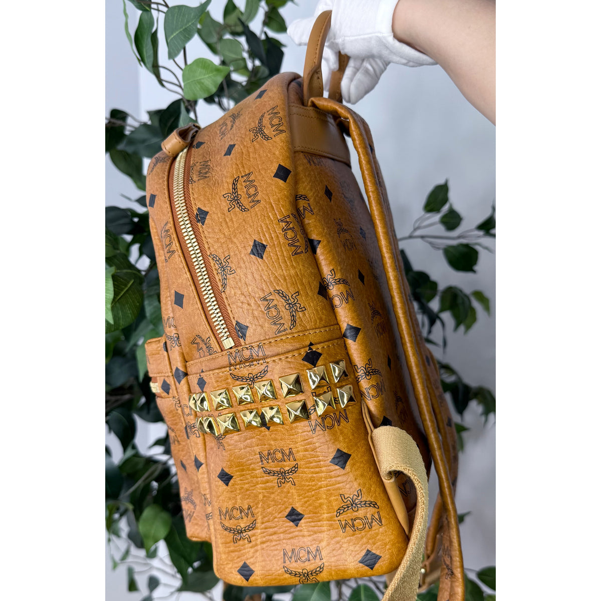 MCM Small Stark Side Studs Backpack in Visetos Cognac