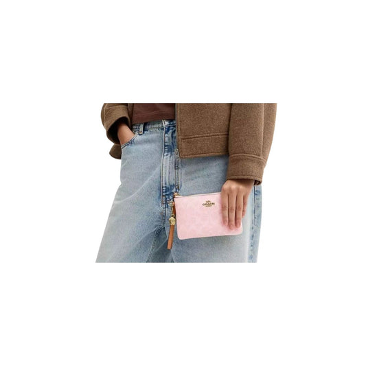 COACH Powder Pink Corner Zip Wristlet In Signature Canvas With Charms BNIB