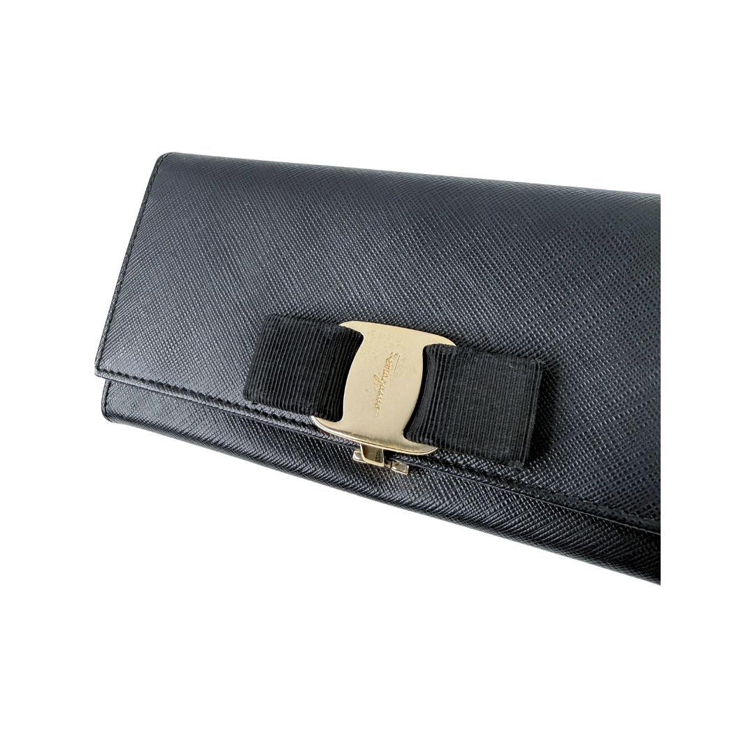 Salvatore Ferragamo Vara Bow Black Saffiano Leather Long Wallet