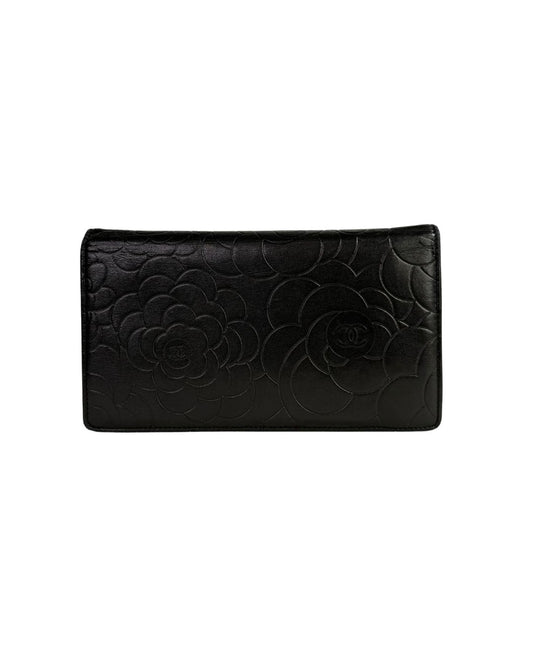 CHANEL Camellia Embossed Black Leather Long Wallet