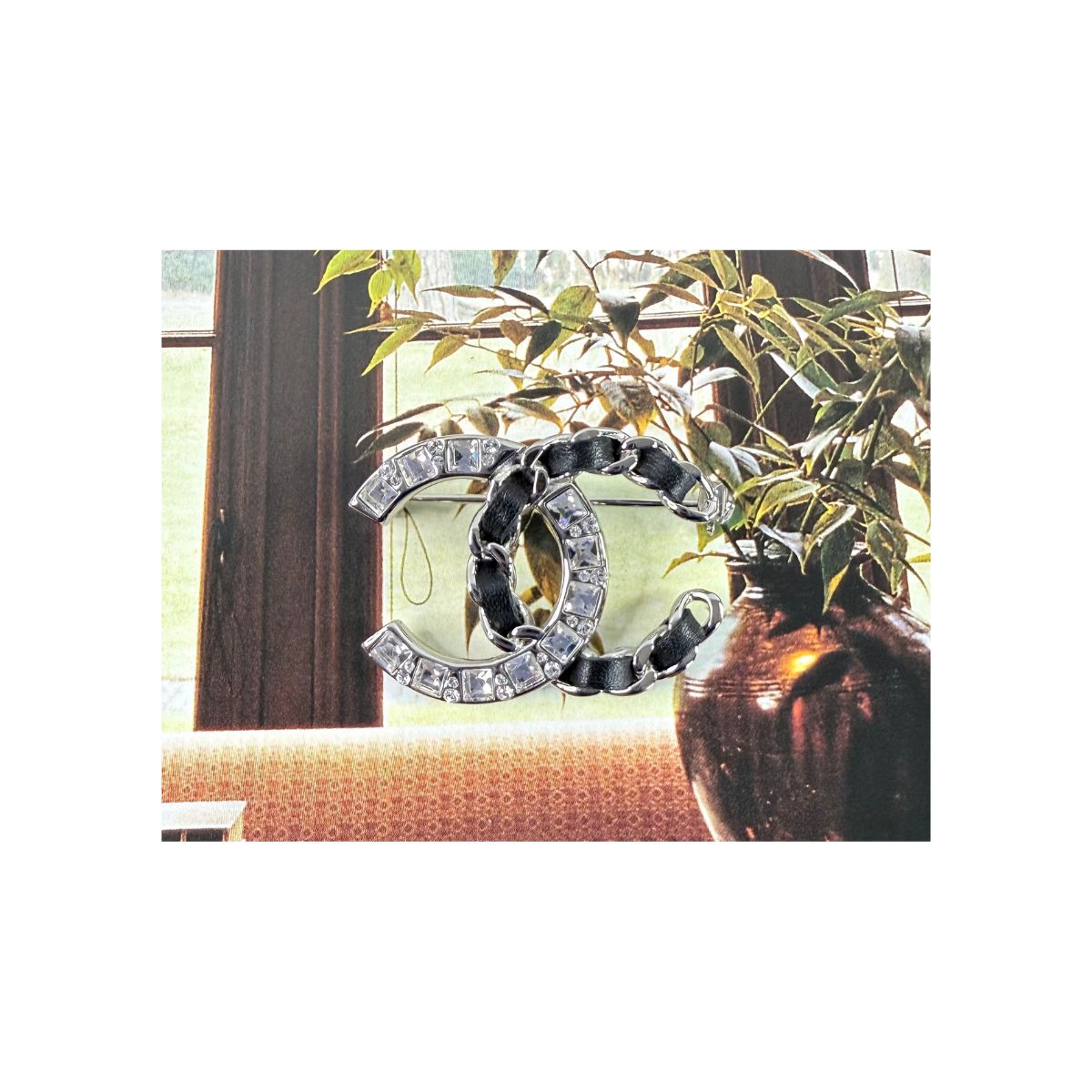 Chanel CC Crystal & Leather Chain Silver Tone Brooch