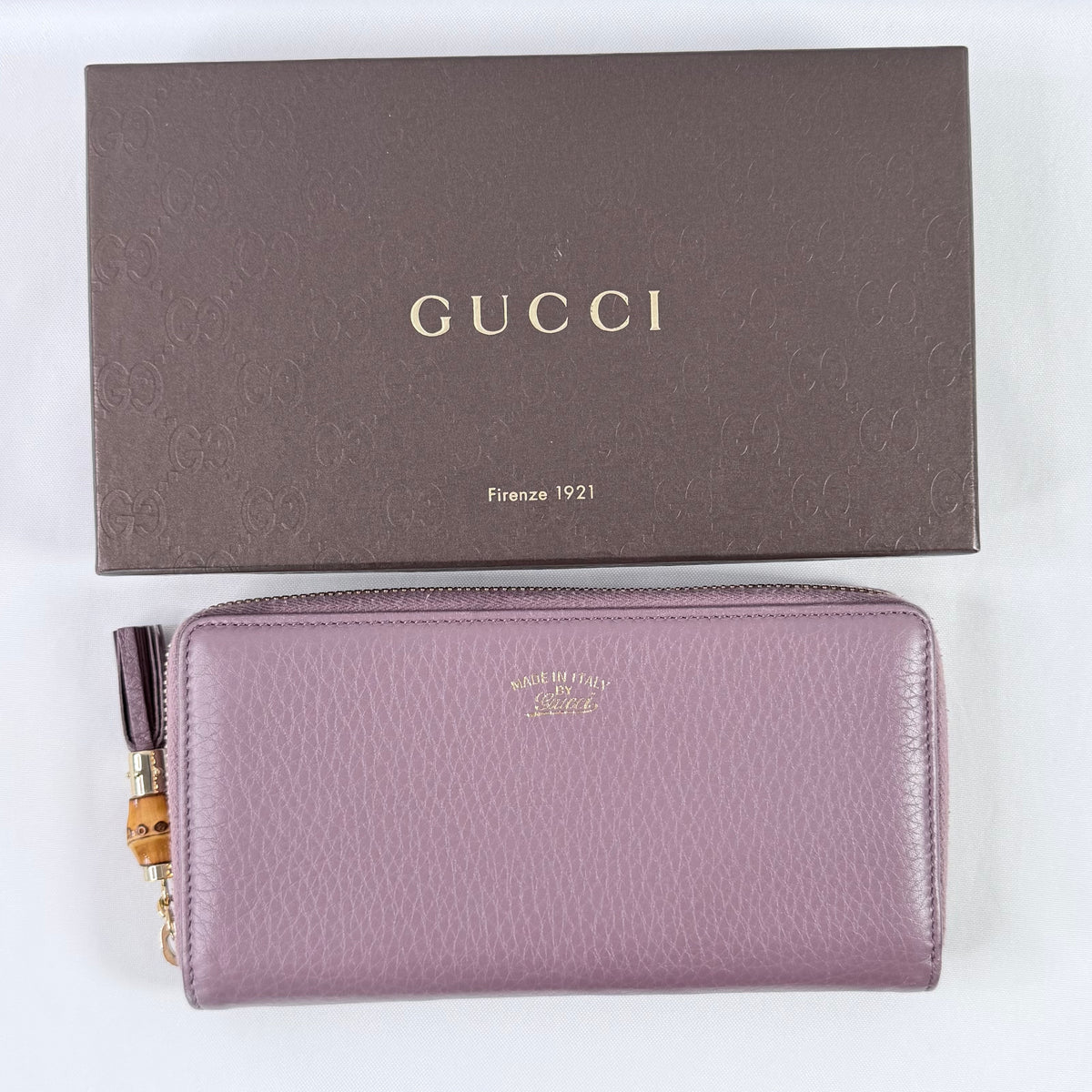Gucci Purple Leather Bamboo Tassel Zip Around Wallet