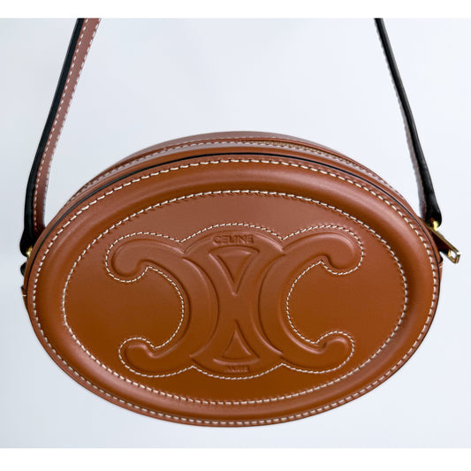 Celine Mini Triomphe Oval Crossbody Bag Tan Smooth Calfskin Leather Cuir