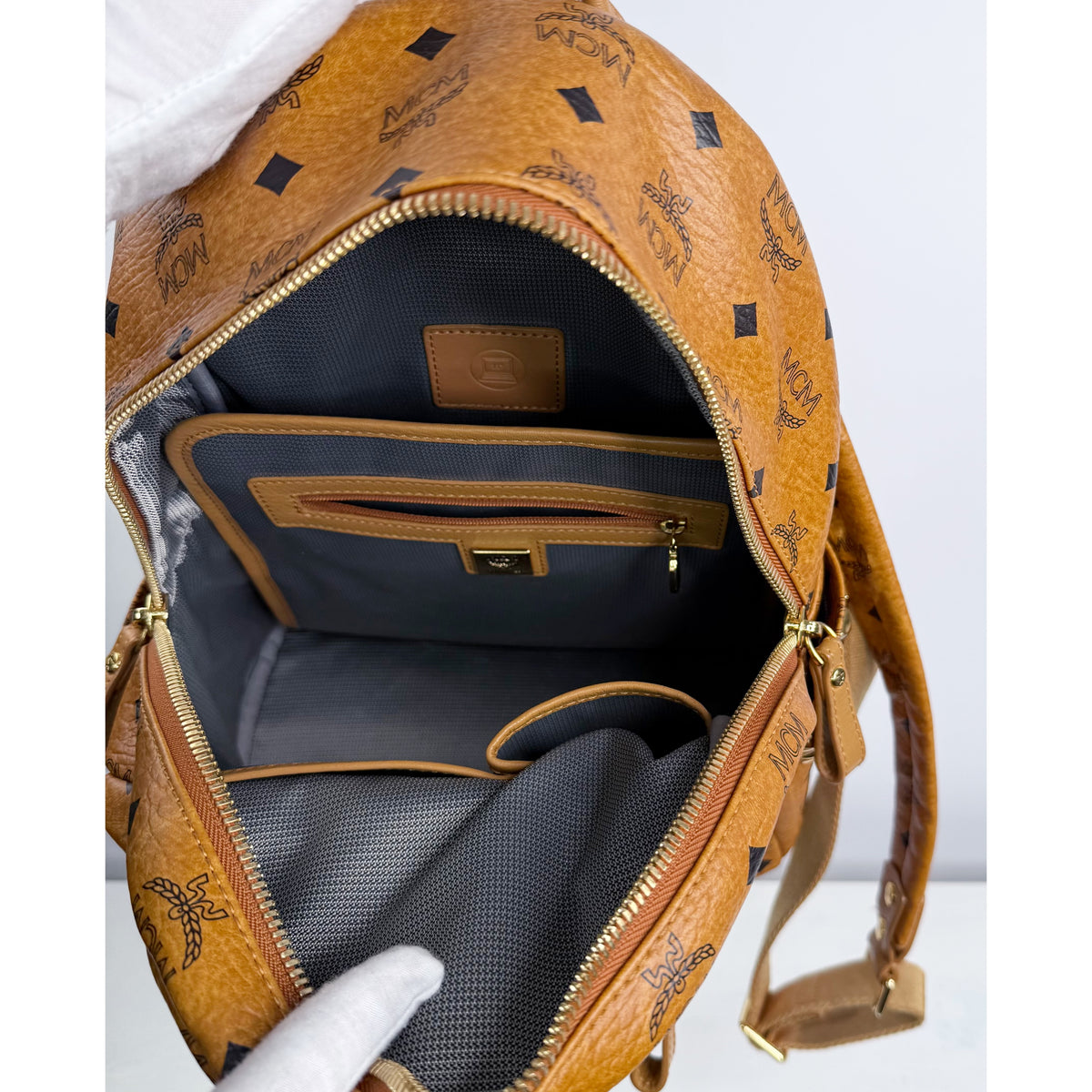 MCM Small Stark Side Studs Backpack in Visetos Cognac