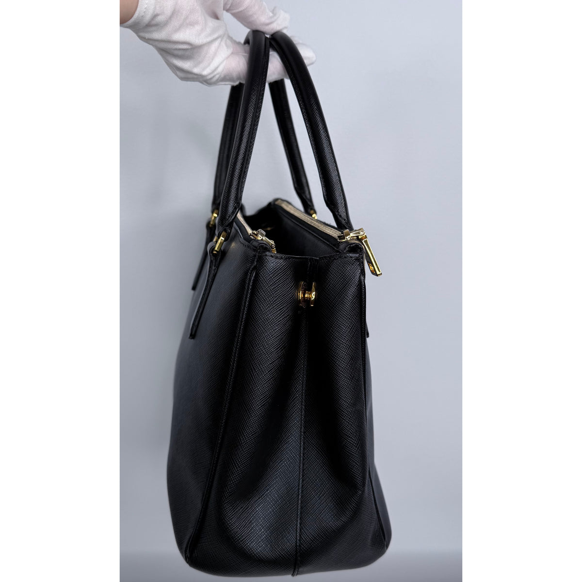 Prada Black Saffiano Leather Small Double Zip Galleria Tote w/ Strap