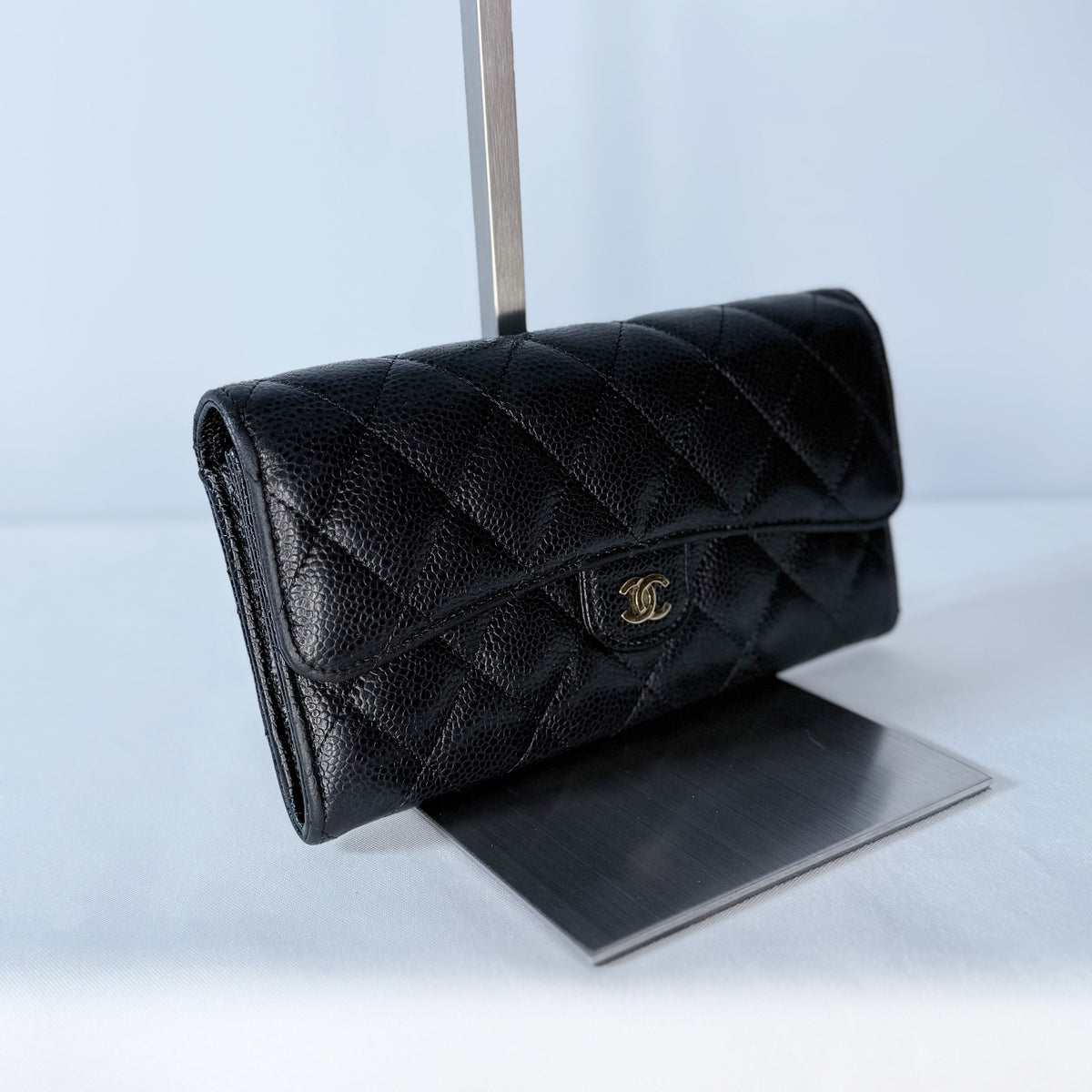 Chanel Classic Quilted Caviar Long Flap Wallet Gold CC Logo