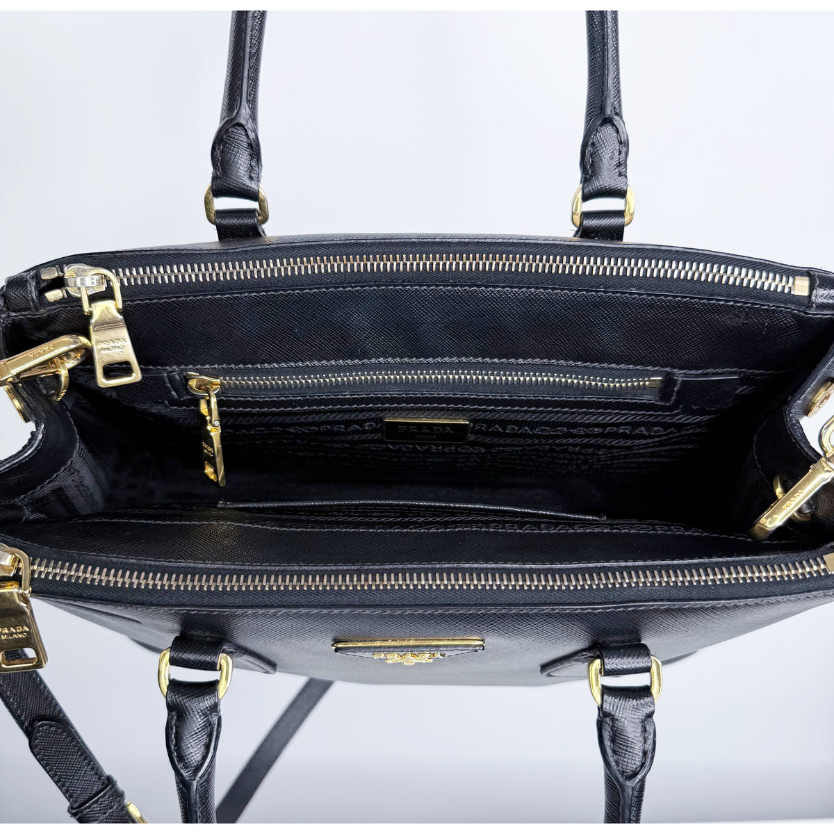 Prada Black Saffiano Leather Small Double Zip Galleria Tote w/ Strap