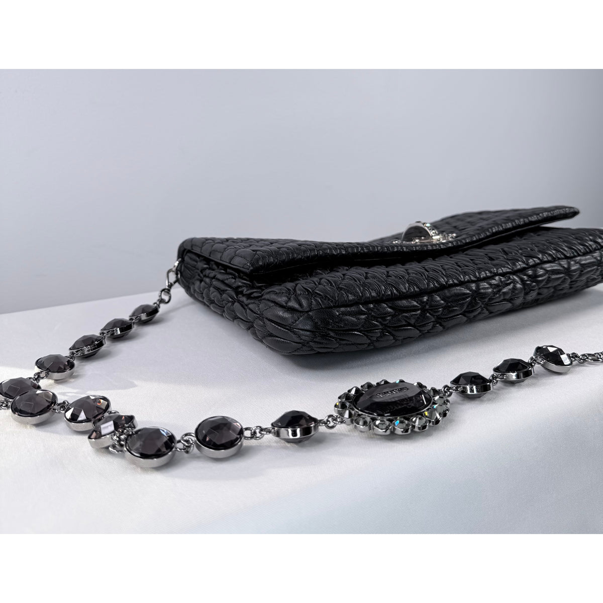 Miu Miu Black Crystal Cloquè Large Bag with Silver Hardware