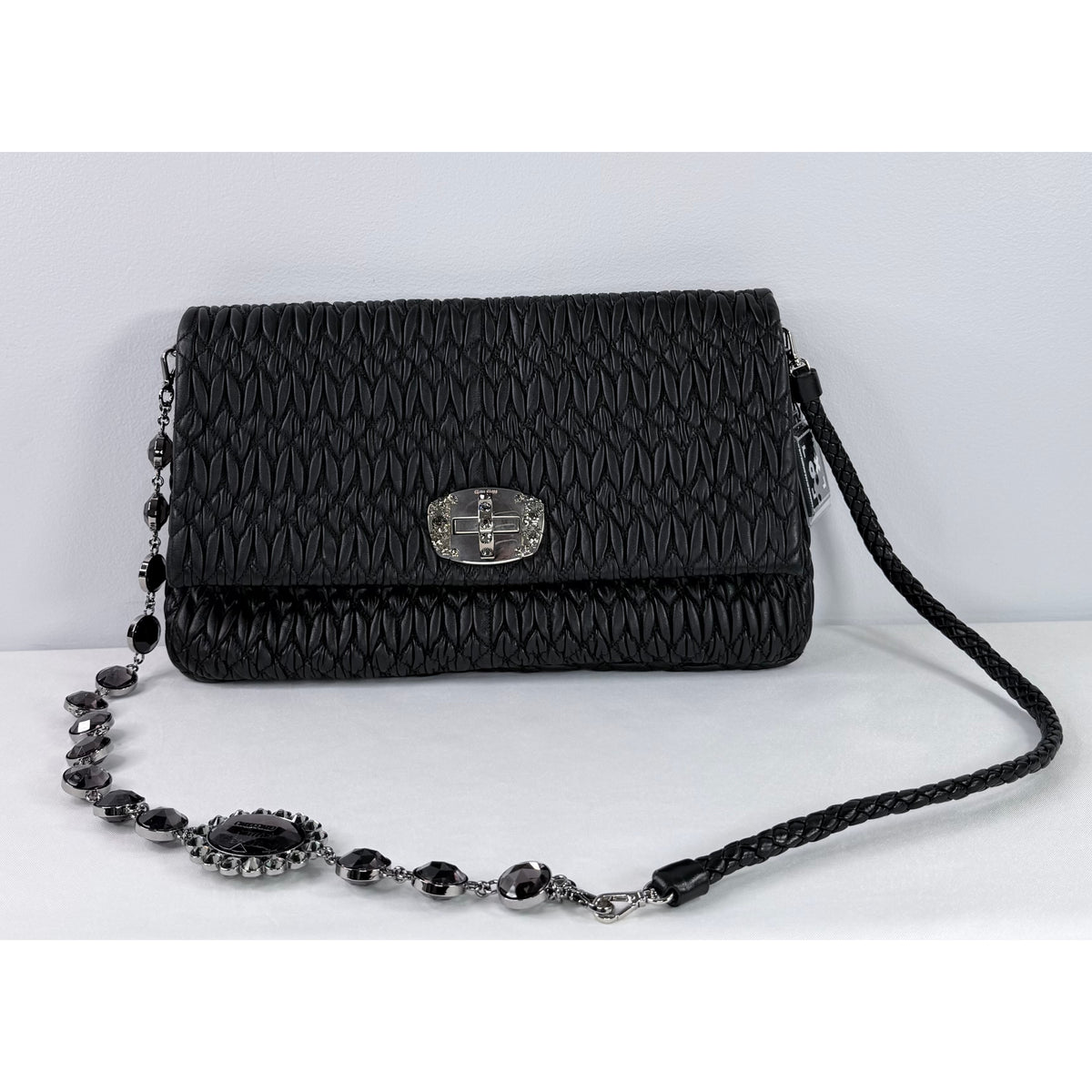 Miu Miu Black Crystal Cloquè Large Bag with Silver Hardware