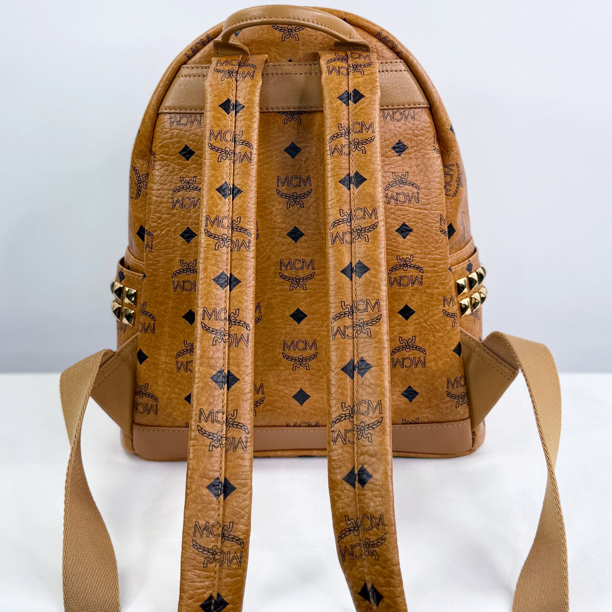 MCM Small Stark Side Studs Backpack in Visetos Cognac