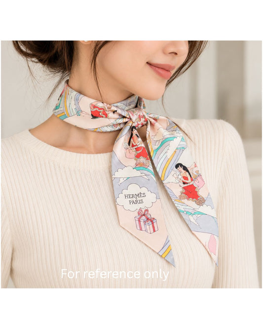 Hermès Carrés Volants Gris Perle Rose Pâle Grenadine Silk Twilly Scarf