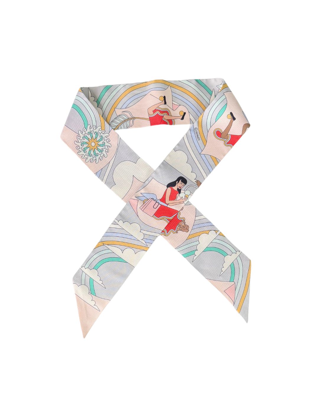 Hermès Carrés Volants Gris Perle Rose Pâle Grenadine Silk Twilly Scarf