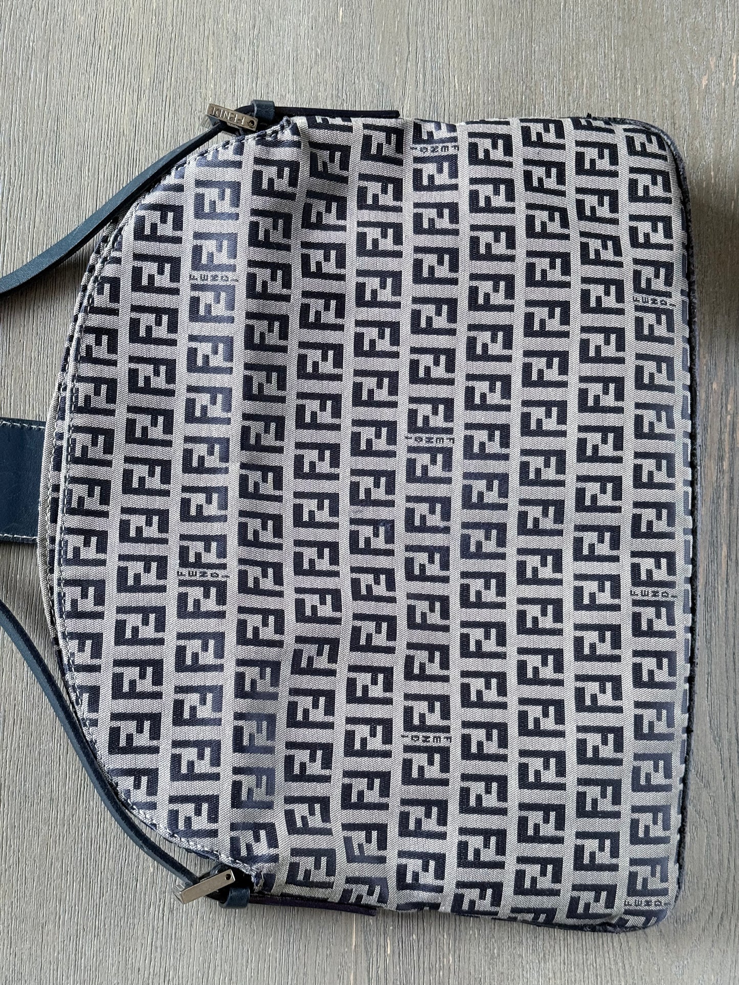 FENDI Zucchino Canvas Mamma Baguette Shoulder Bag Navy Silver