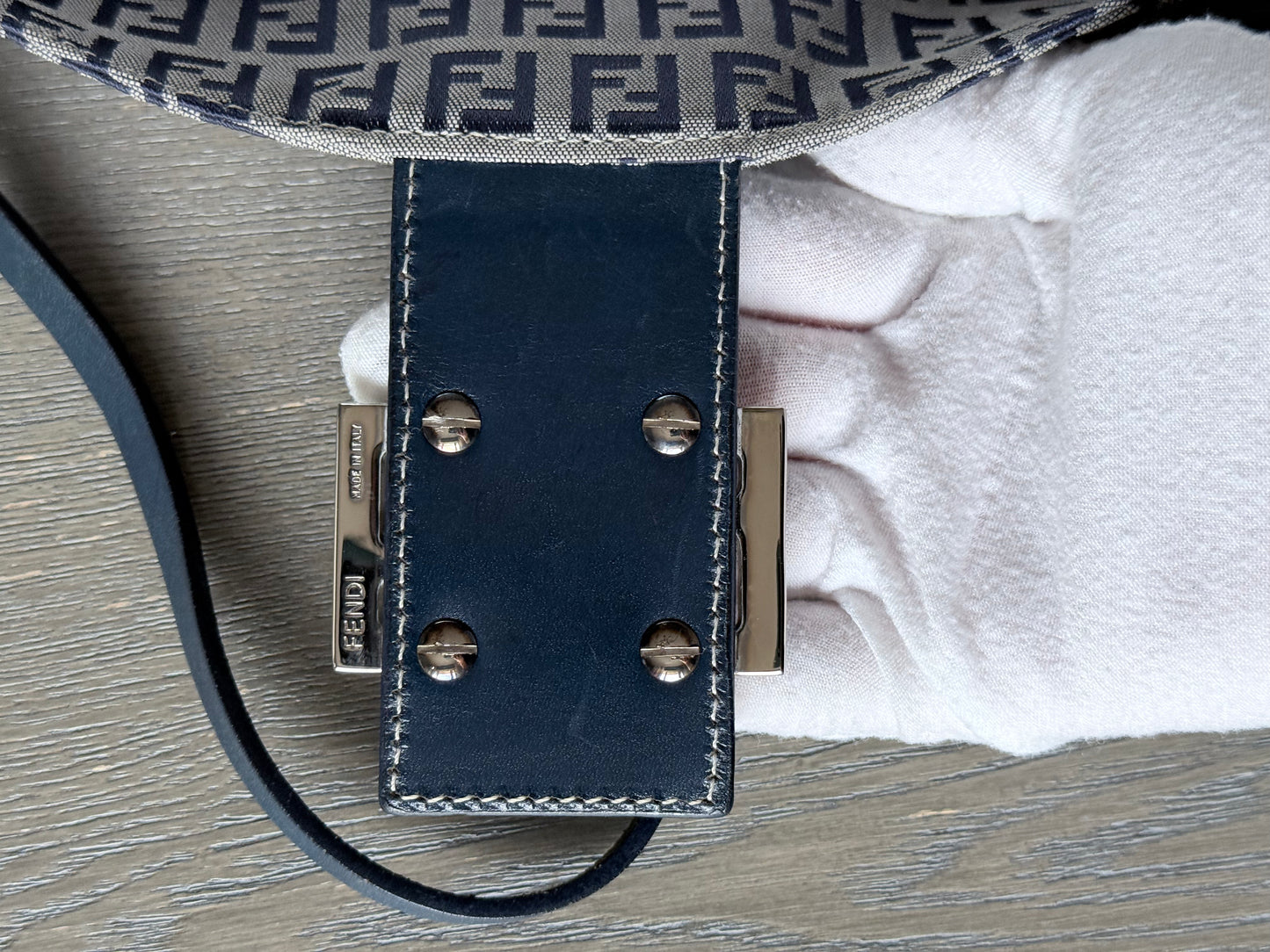 FENDI Zucchino Canvas Mamma Baguette Shoulder Bag Navy Silver
