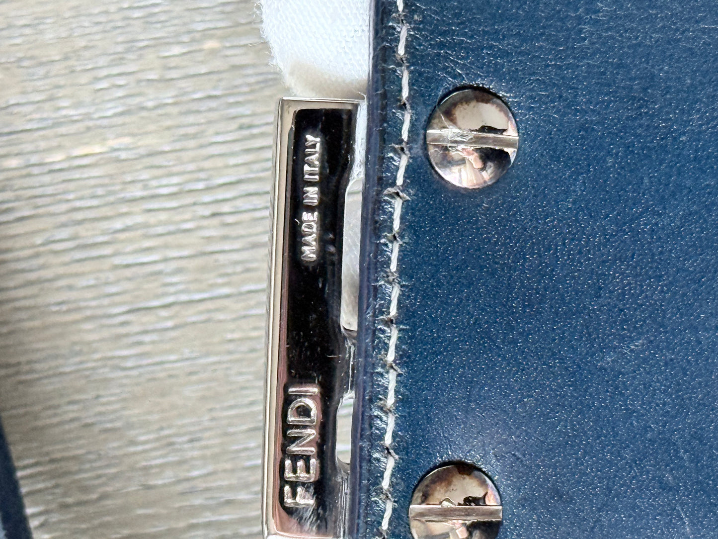 FENDI Zucchino Canvas Mamma Baguette Shoulder Bag Navy Silver