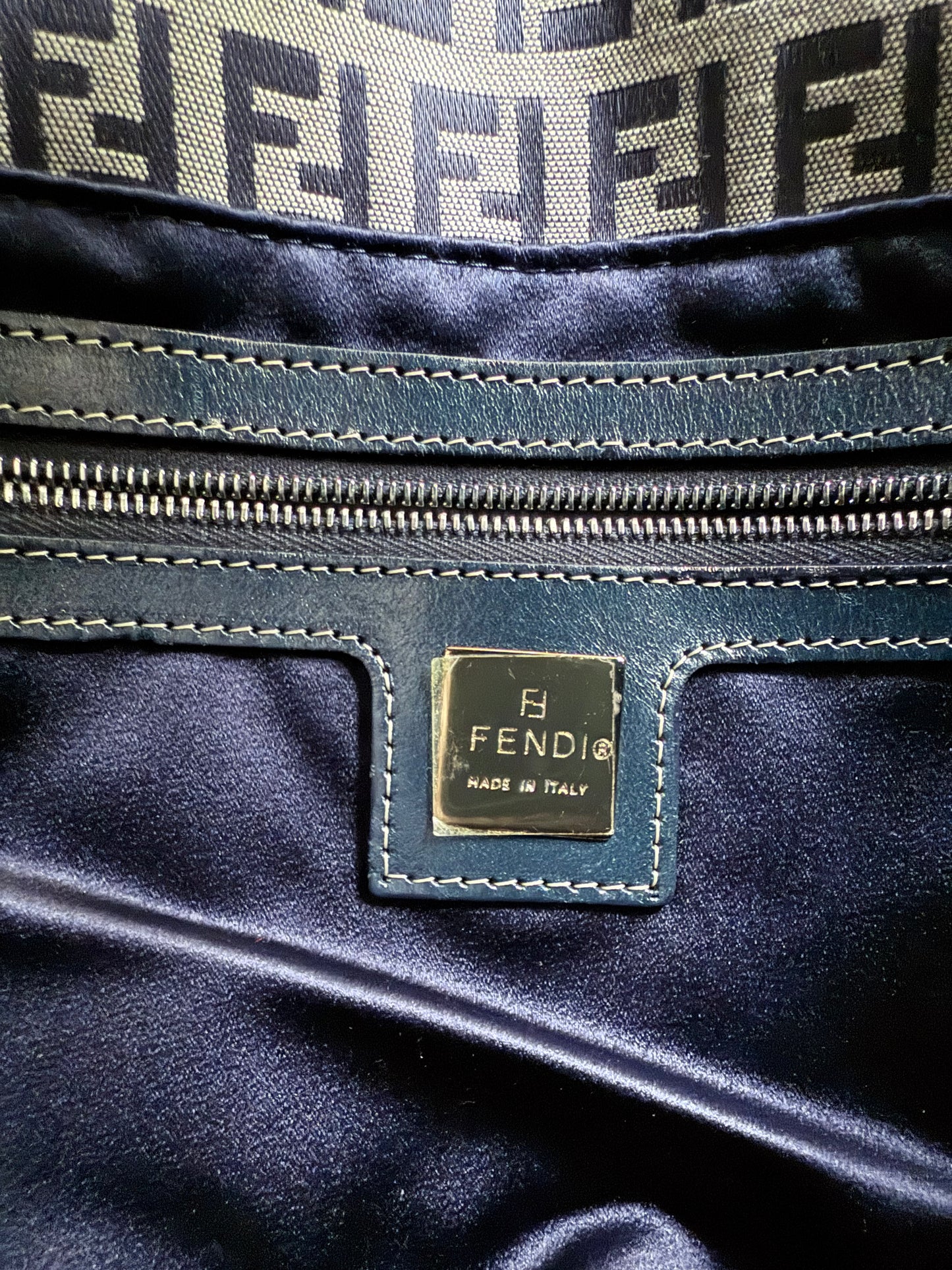 FENDI Zucchino Canvas Mamma Baguette Shoulder Bag Navy Silver
