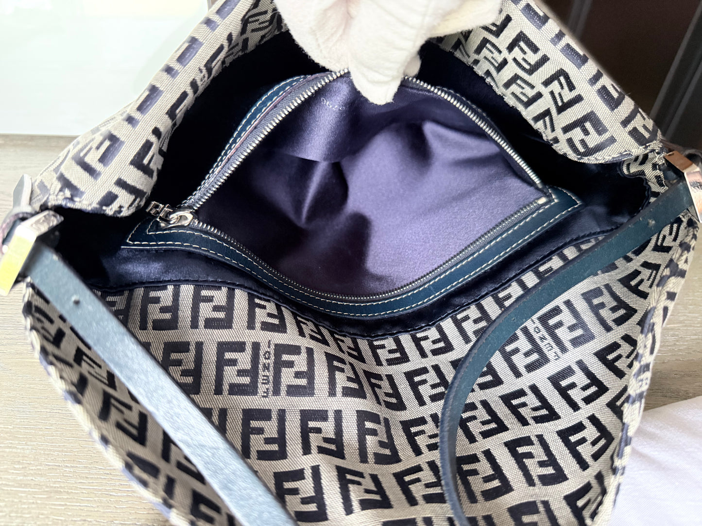 FENDI Zucchino Canvas Mamma Baguette Shoulder Bag Navy Silver