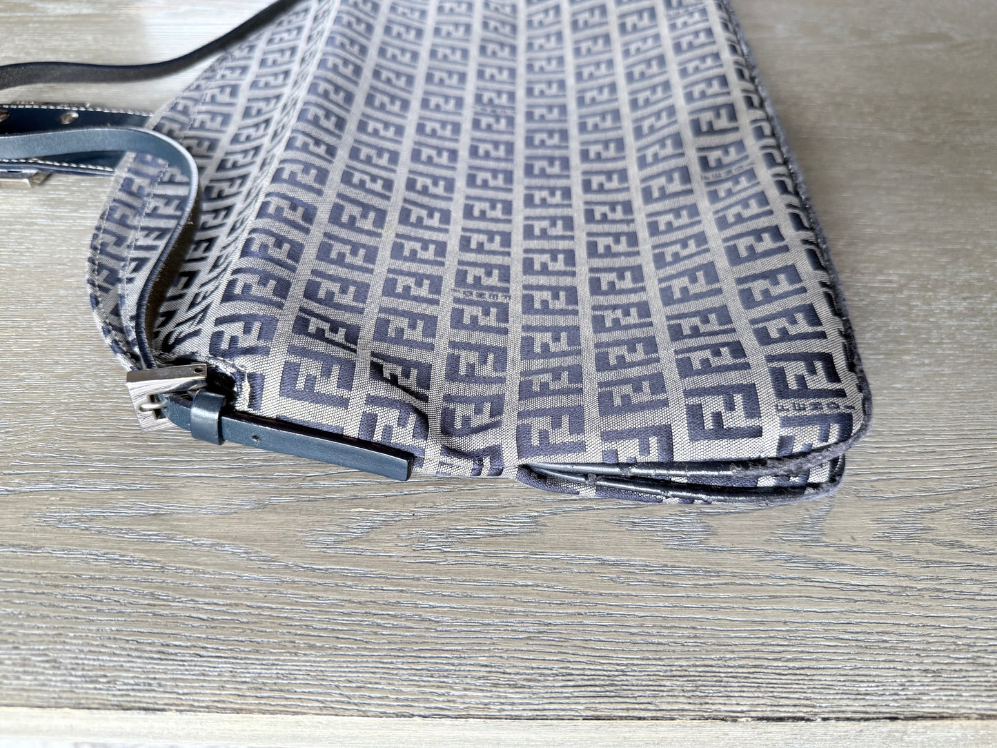 FENDI Zucchino Canvas Mamma Baguette Shoulder Bag Navy Silver