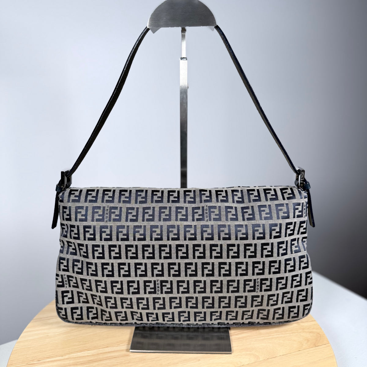 FENDI Zucchino Canvas Mamma Baguette Shoulder Bag Navy Silver