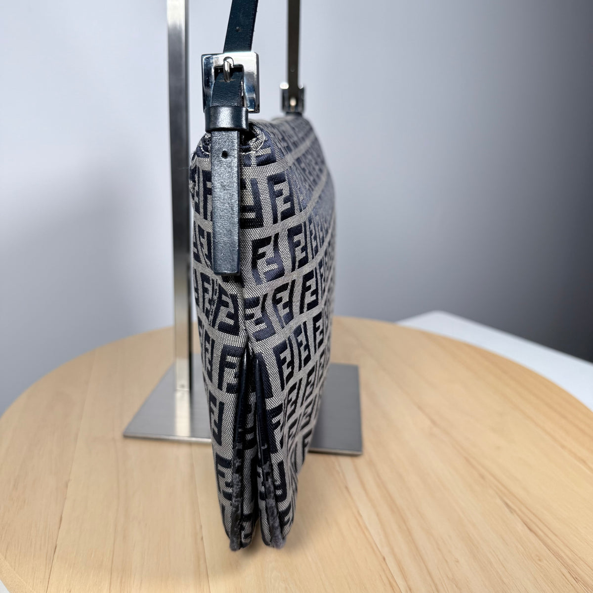 FENDI Zucchino Canvas Mamma Baguette Shoulder Bag Navy Silver
