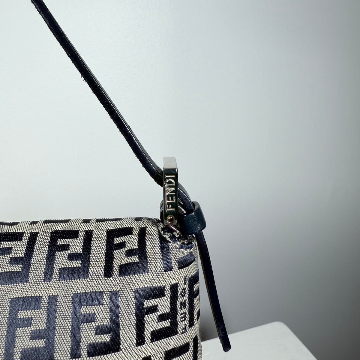 FENDI Zucchino Canvas Mamma Baguette Shoulder Bag Navy Silver