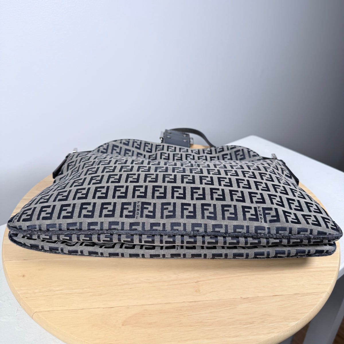 FENDI Zucchino Canvas Mamma Baguette Shoulder Bag Navy Silver