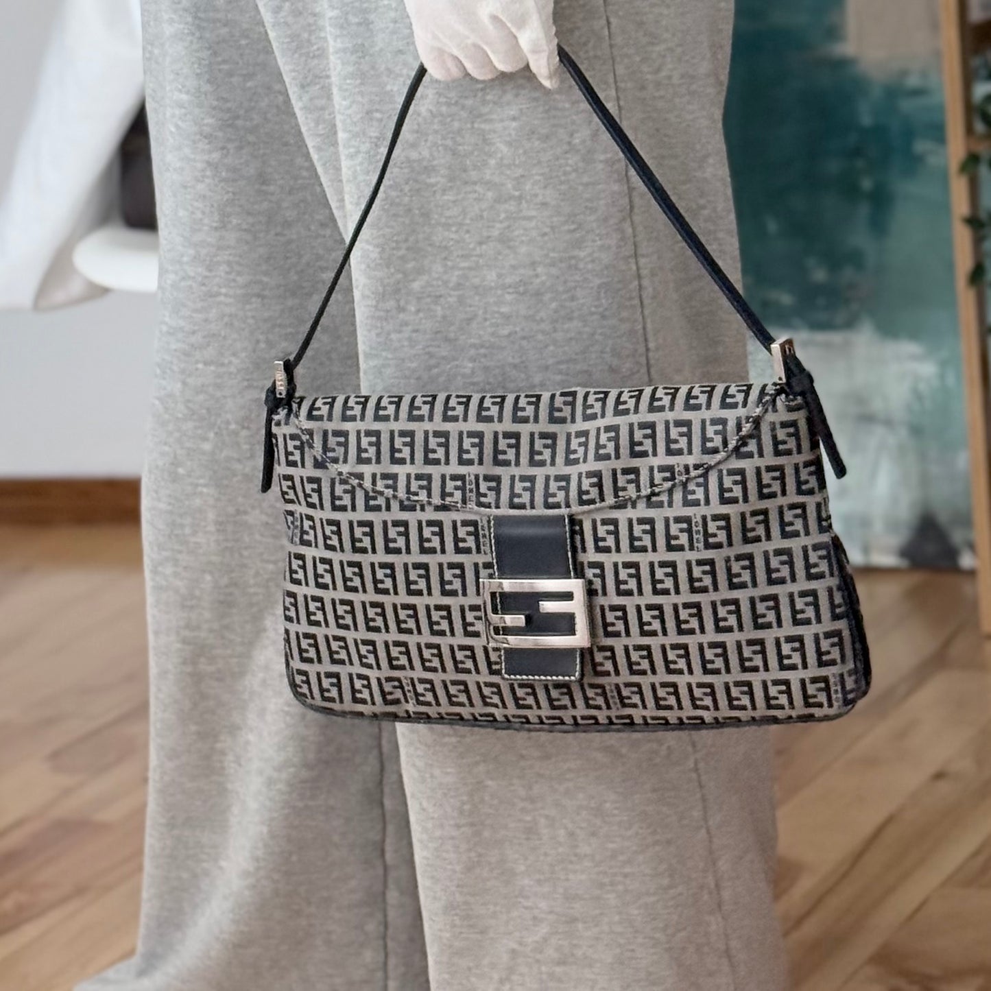 FENDI Zucchino Canvas Mamma Baguette Shoulder Bag Navy Silver
