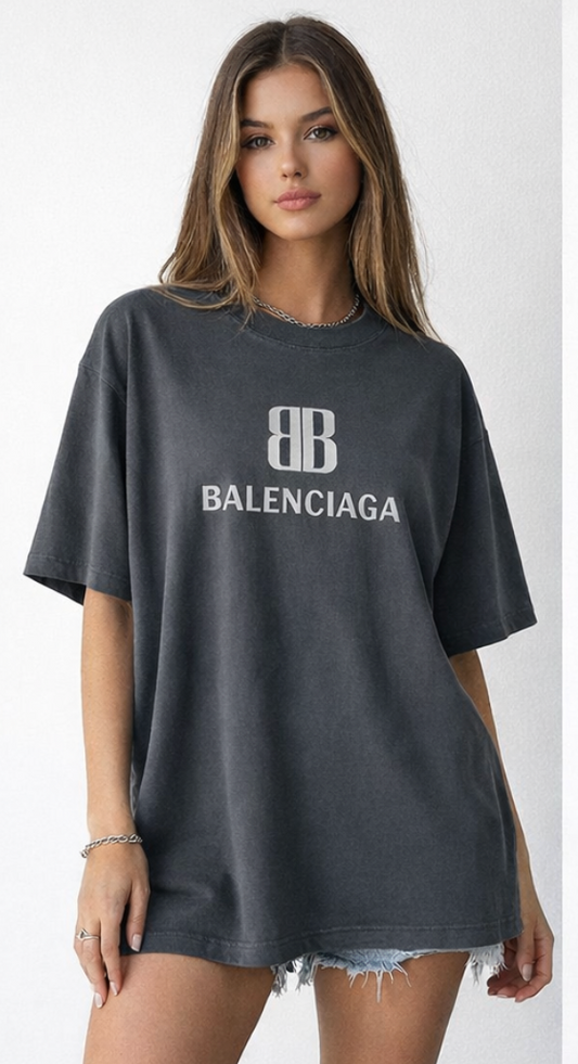 Balenciaga BB Logo Oversized Charcoal Grey Cotton T-Shirt