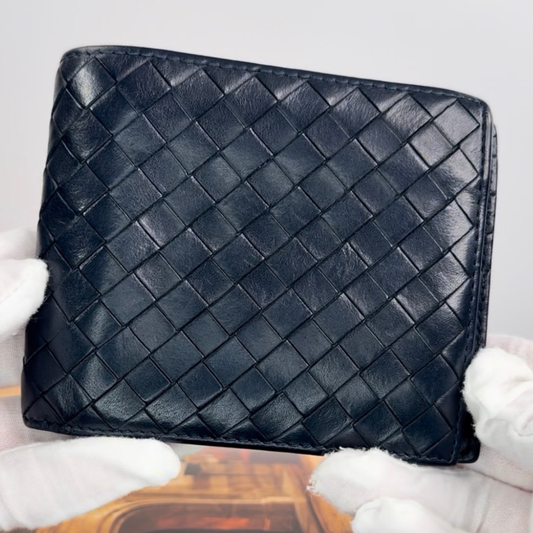 Bottega Veneta Intrecciato Wallet Bifold Leather Unisex Made in Italy Navy