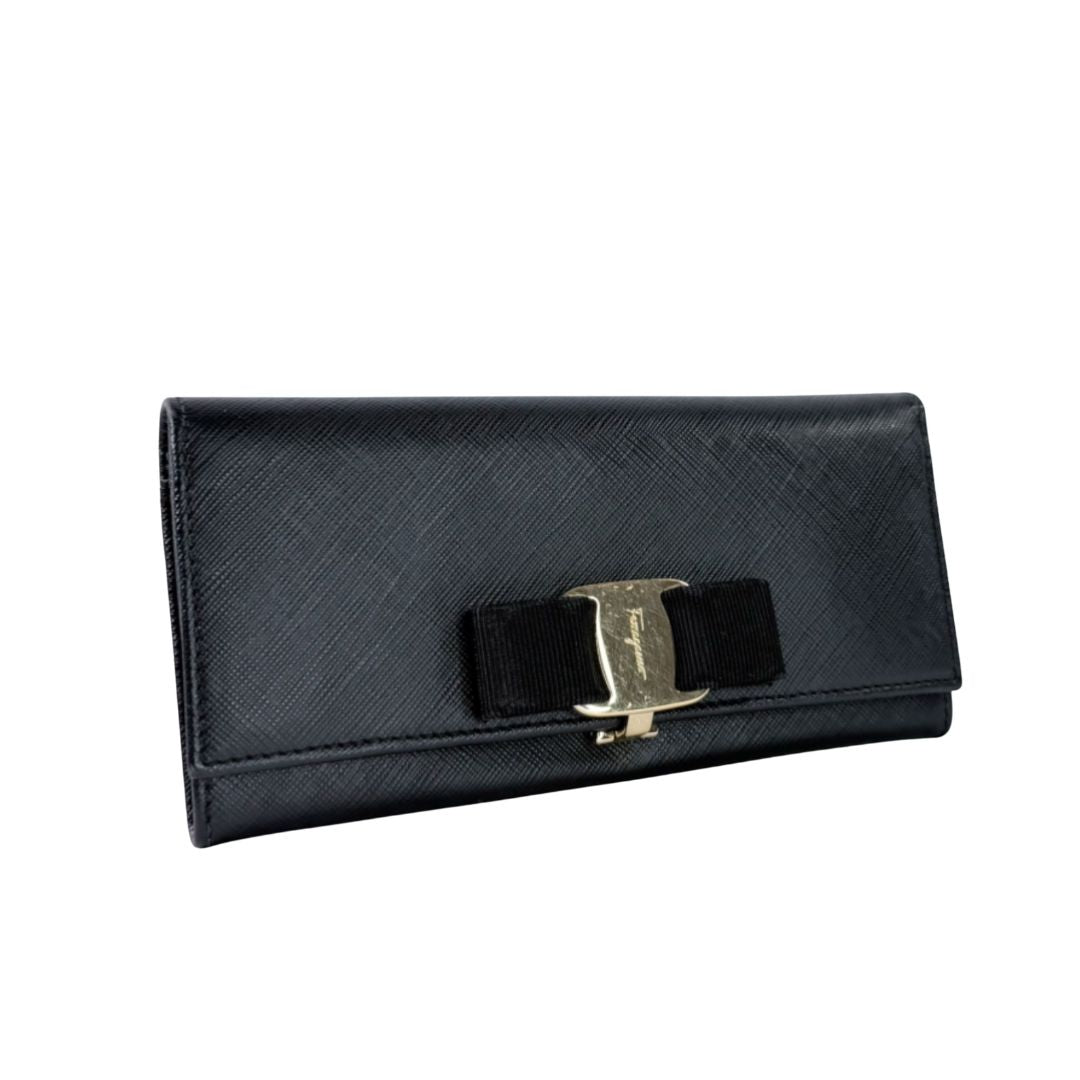 Salvatore Ferragamo Vara Bow Black Saffiano Leather Long Wallet