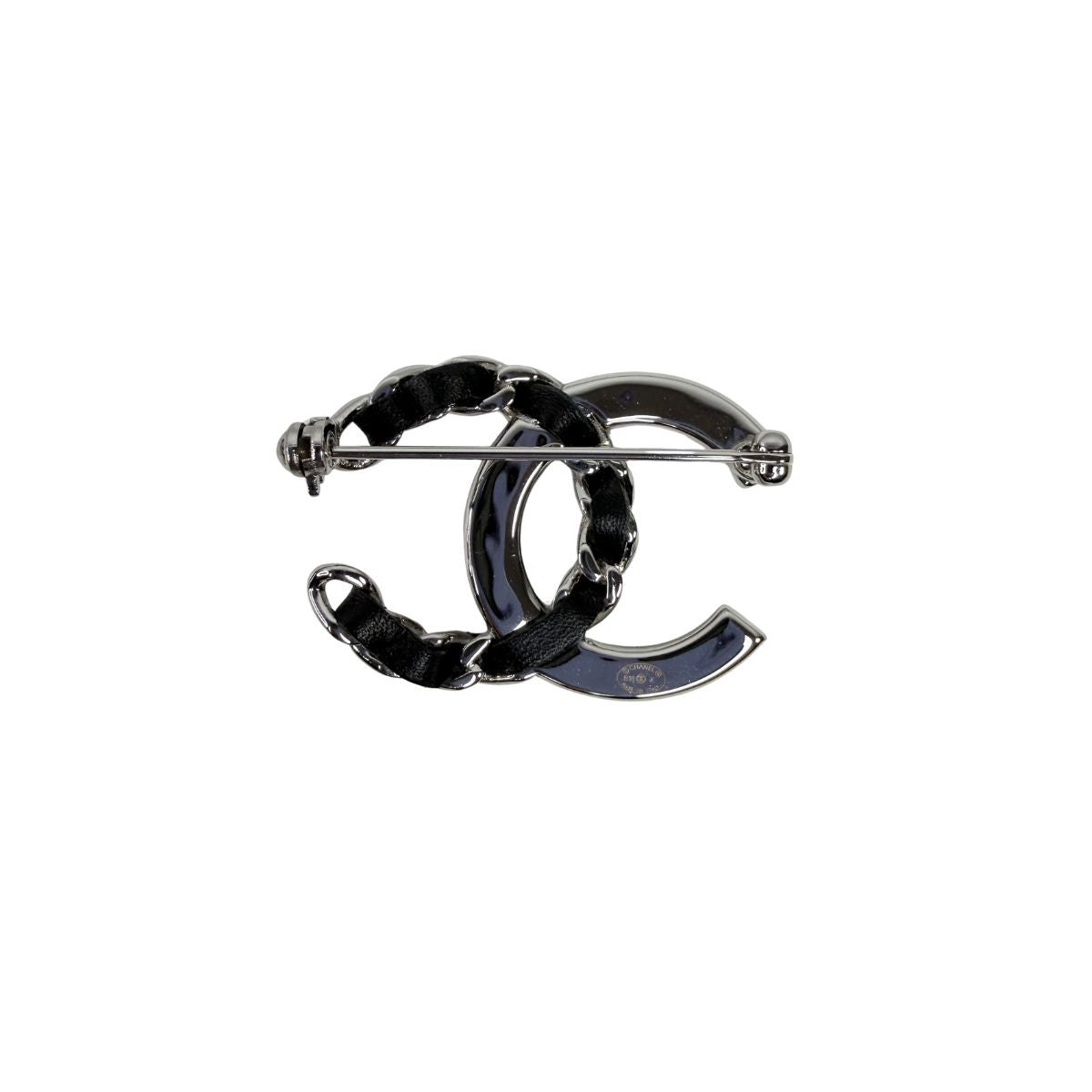 Chanel CC Crystal & Leather Chain Silver Tone Brooch