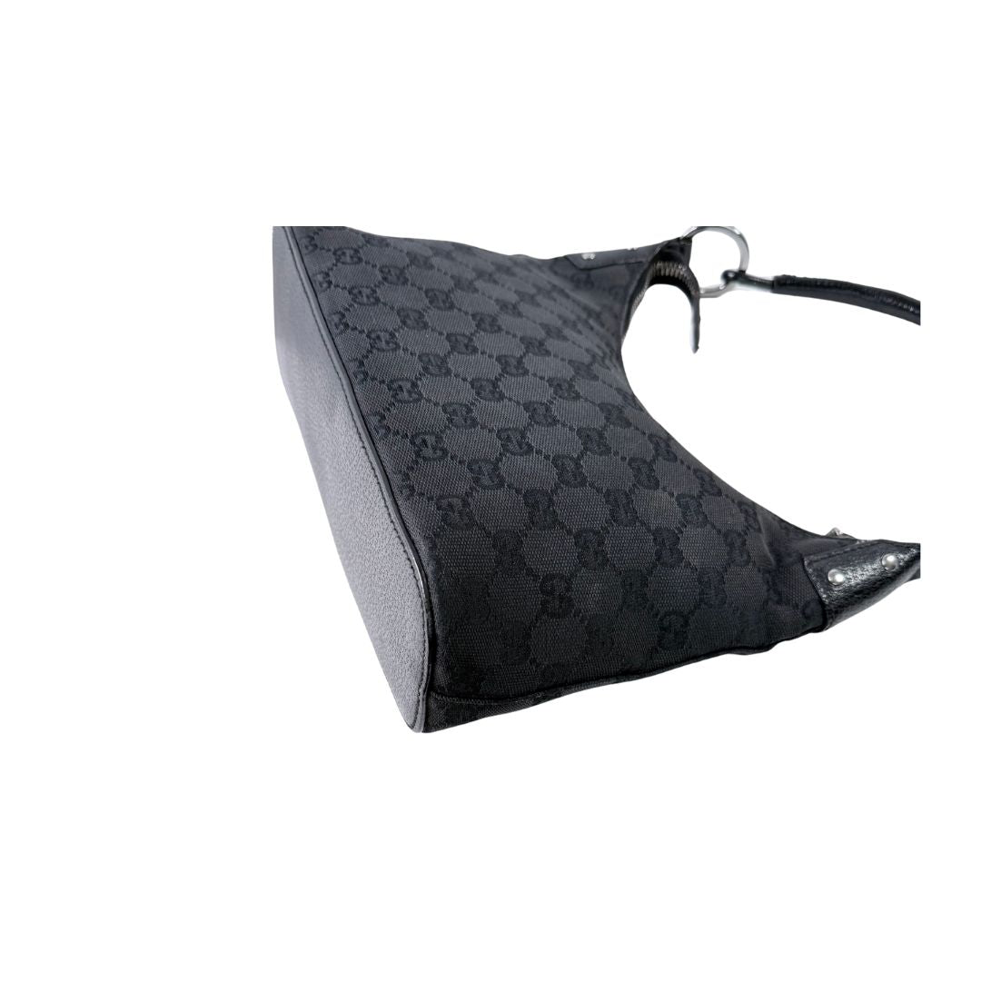 Gucci GG Canvas Leather Black Hobo Shoulder Bag