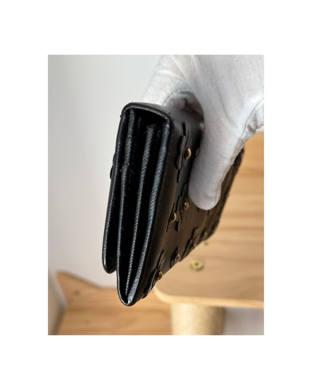 Prada Saffiano Leather Floral Appliqué Continental Flap Wallet Black