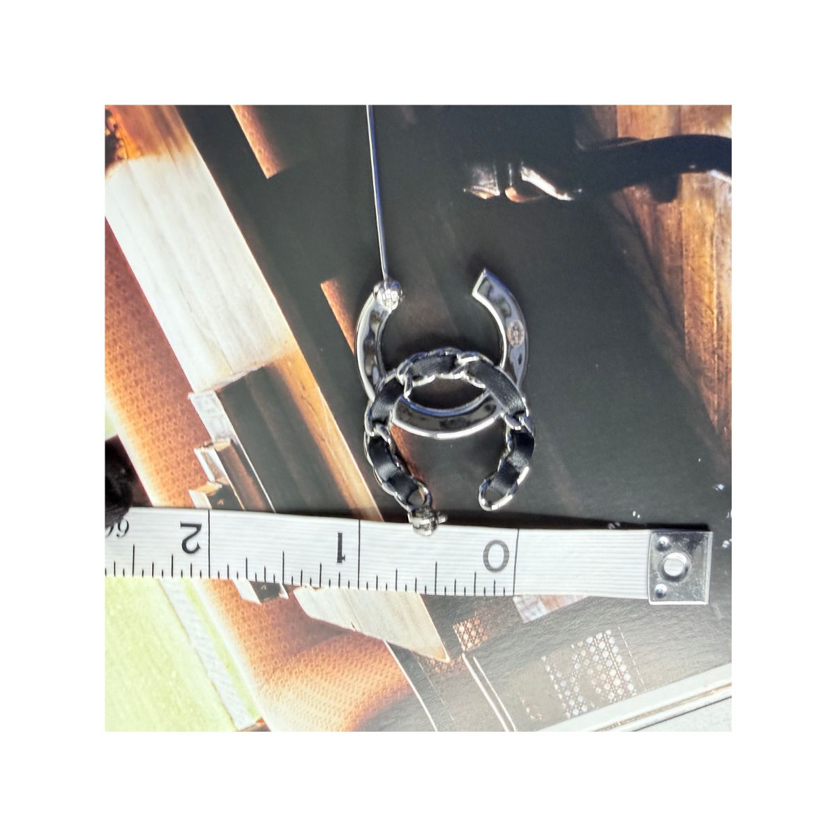 Chanel CC Crystal & Leather Chain Silver Tone Brooch