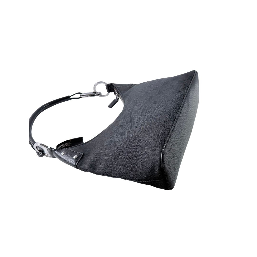 Gucci GG Canvas Leather Black Hobo Shoulder Bag