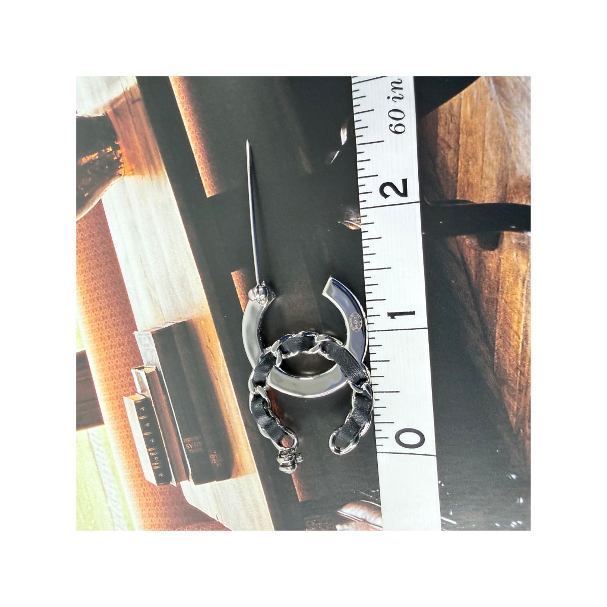 Chanel CC Crystal & Leather Chain Silver Tone Brooch