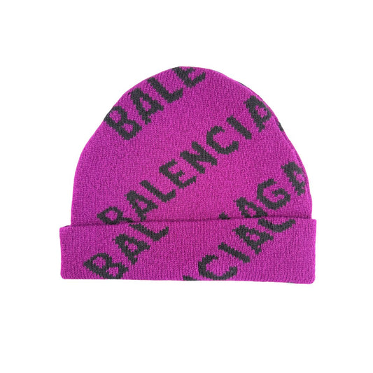 Balenciaga Wardrobe Allover Logo Fuchsia Pink Black Wool Knit Beanie