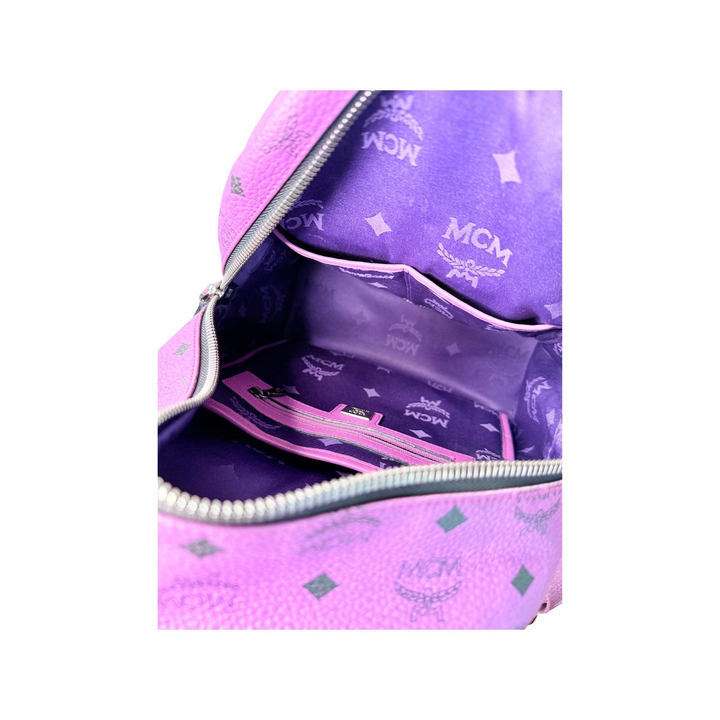 MCM Stark Visetos Purple Leather Backpack