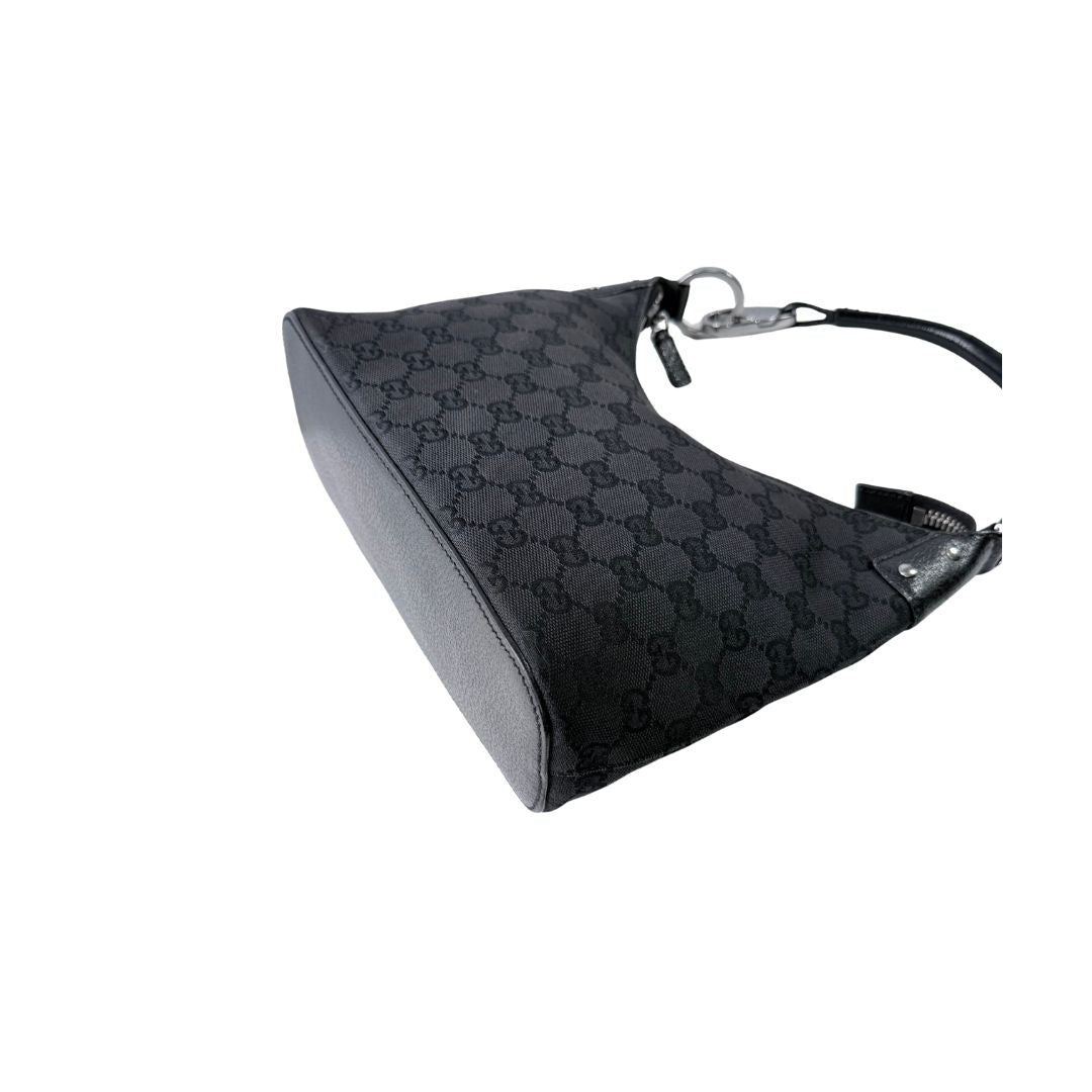 Gucci GG Canvas Leather Black Hobo Shoulder Bag