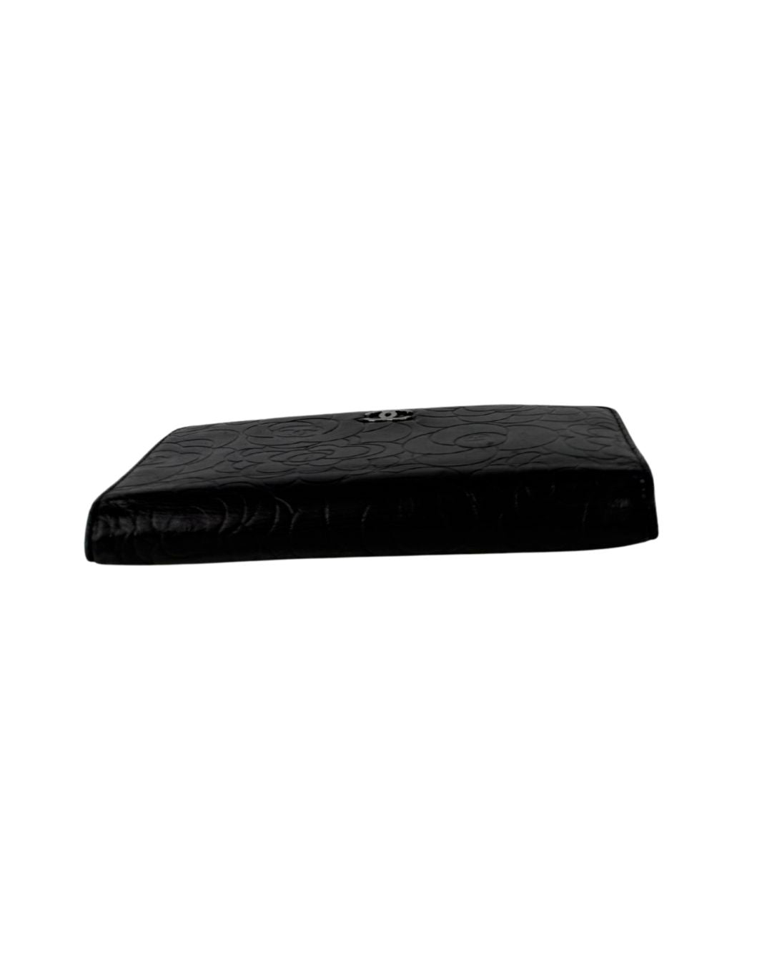 CHANEL Camellia Embossed Black Leather Long Wallet