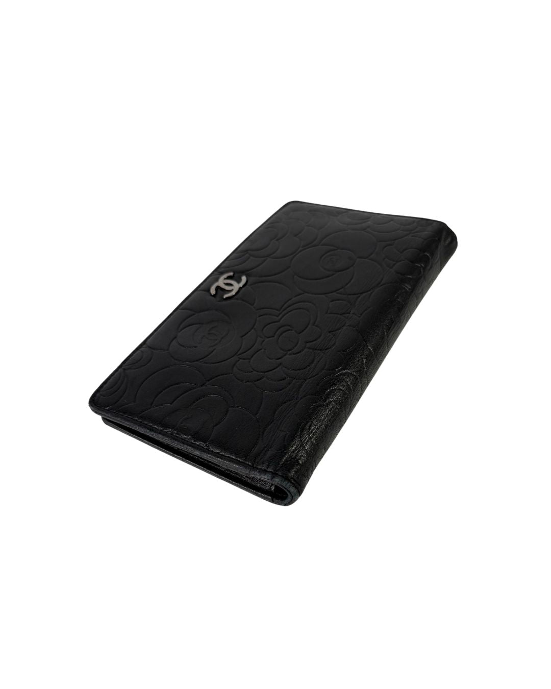 CHANEL Camellia Embossed Black Leather Long Wallet