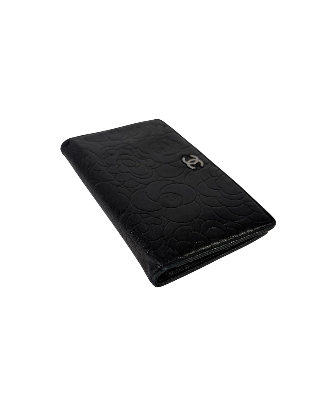 CHANEL Camellia Embossed Black Leather Long Wallet