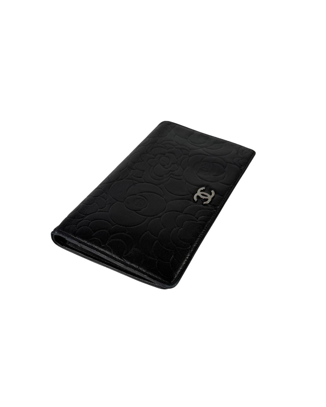 CHANEL Camellia Embossed Black Leather Long Wallet