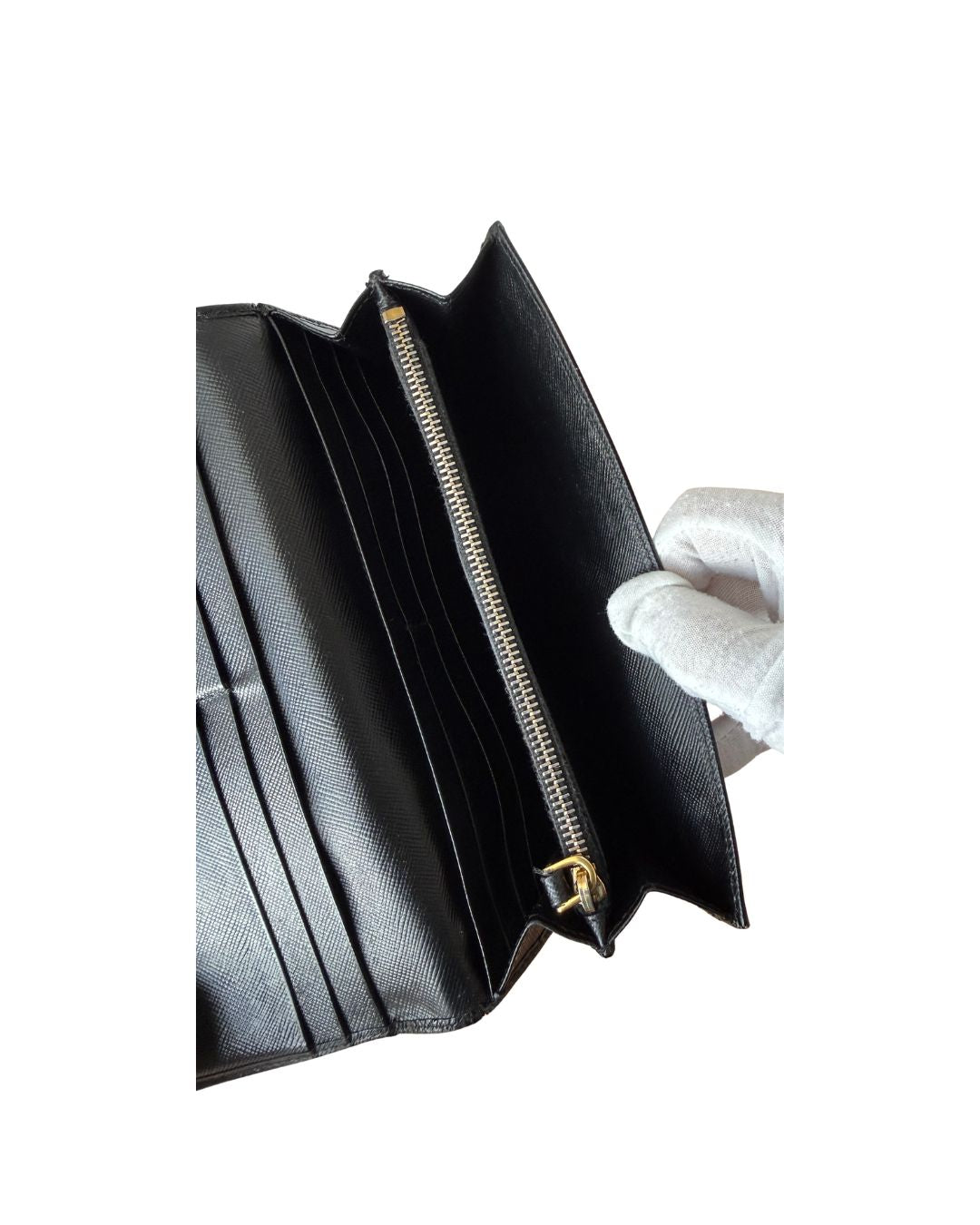 Prada Saffiano Leather Floral Appliqué Continental Flap Wallet Black