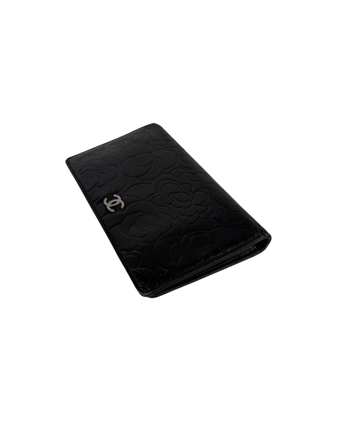 CHANEL Camellia Embossed Black Leather Long Wallet