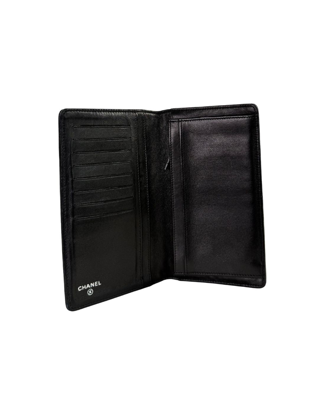CHANEL Camellia Embossed Black Leather Long Wallet