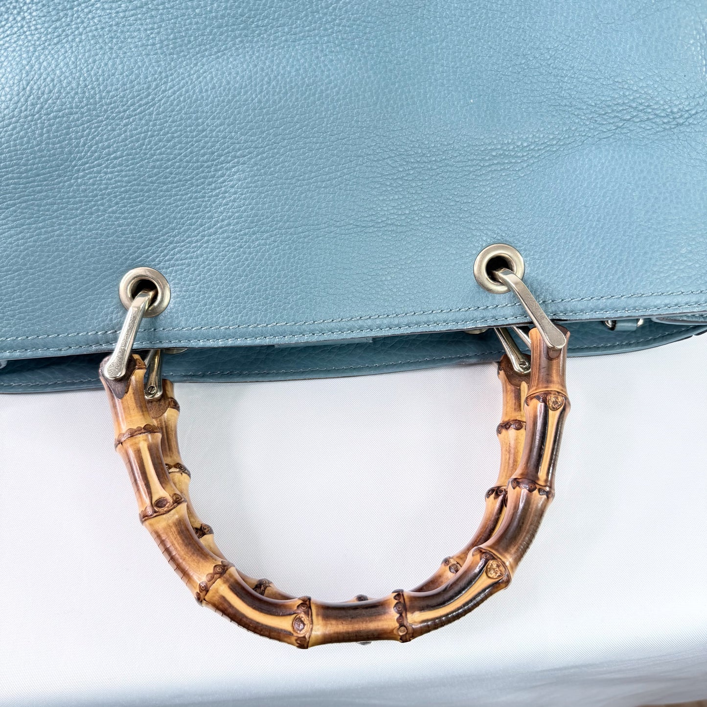 Gucci  Bamboo Pebbled Leather Blue Shopper Tote