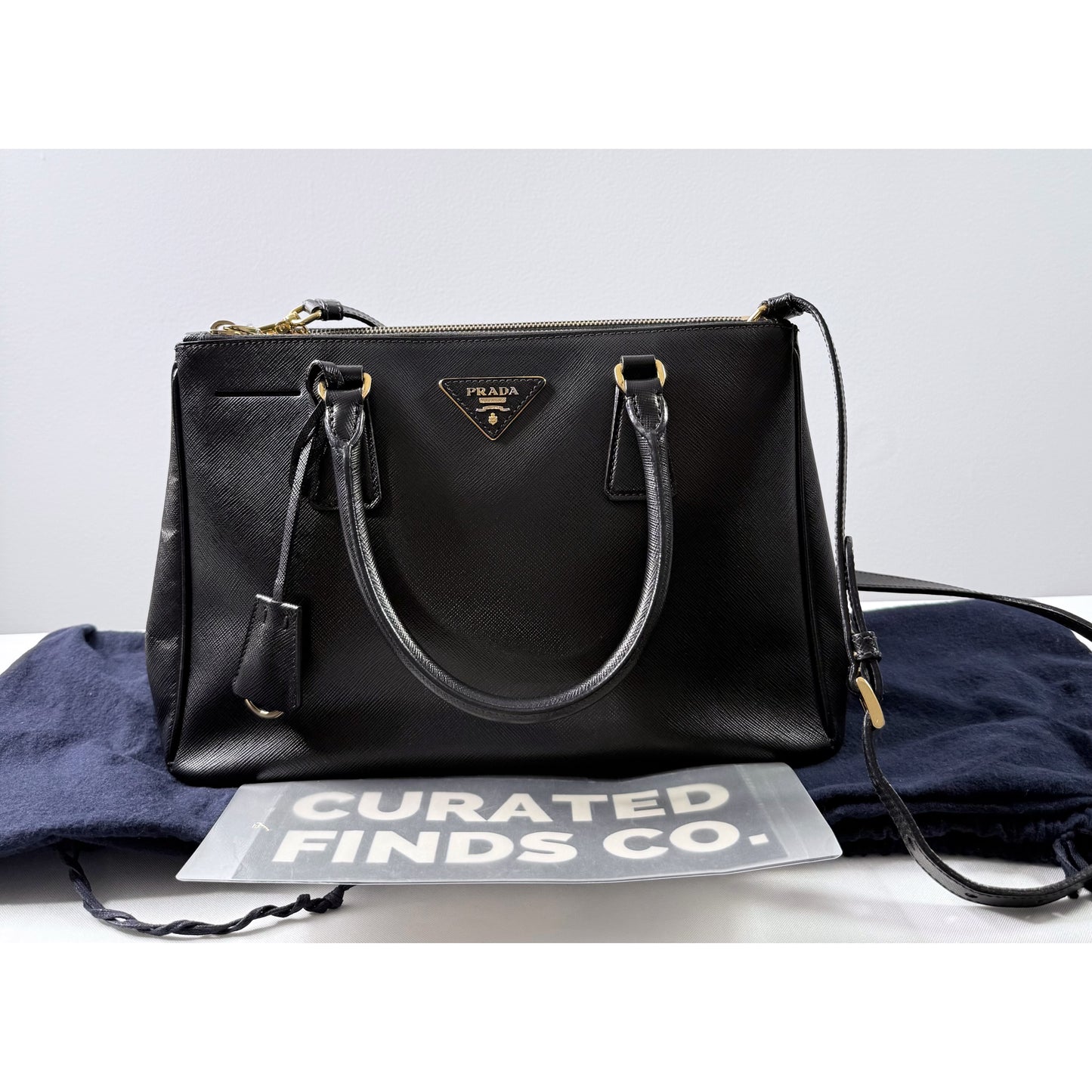 Prada Black Saffiano Leather Small Double Zip Galleria Tote w/ Strap