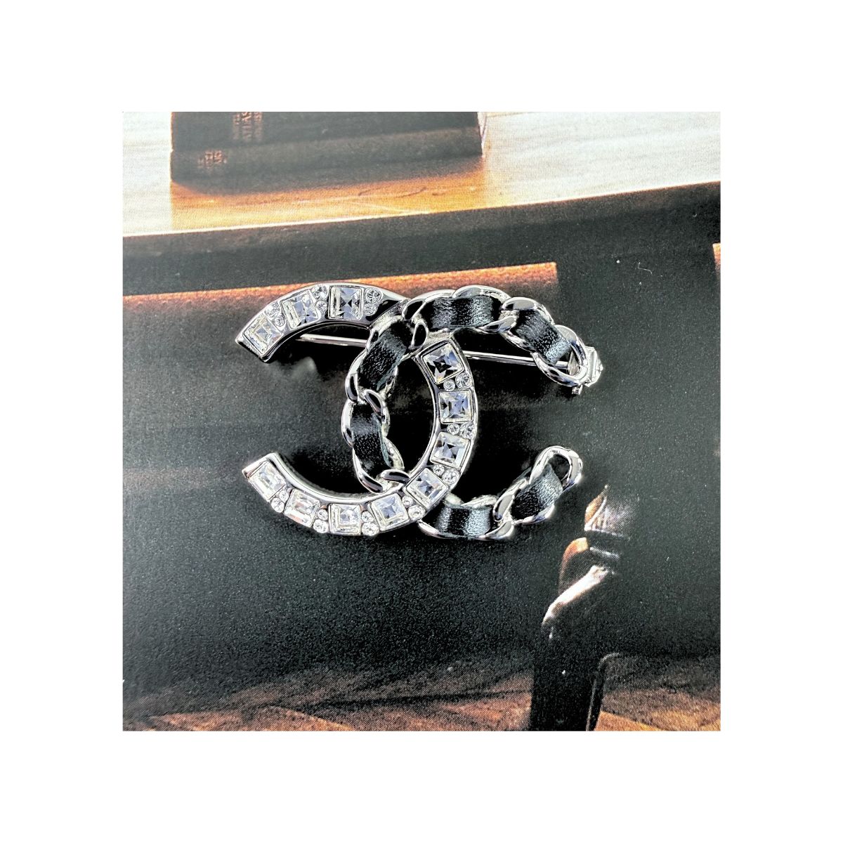 Chanel CC Crystal & Leather Chain Silver Tone Brooch